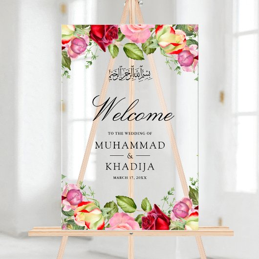 Red Pink Roses Floral Muslim Wedding Welcome Acrylschild