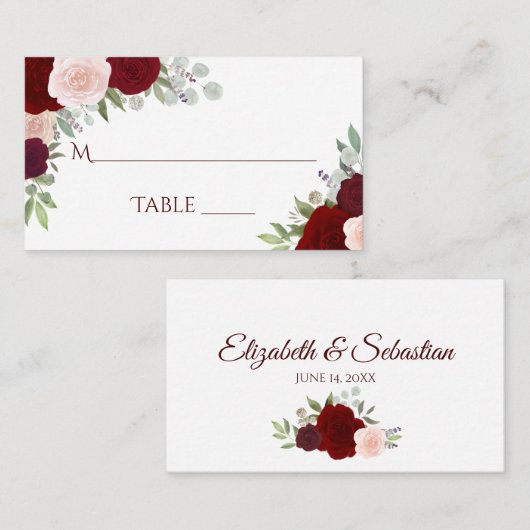 Red & Pink Roses Wedding Write-In Escort Card Platzkarte (Vorne/Hinten)