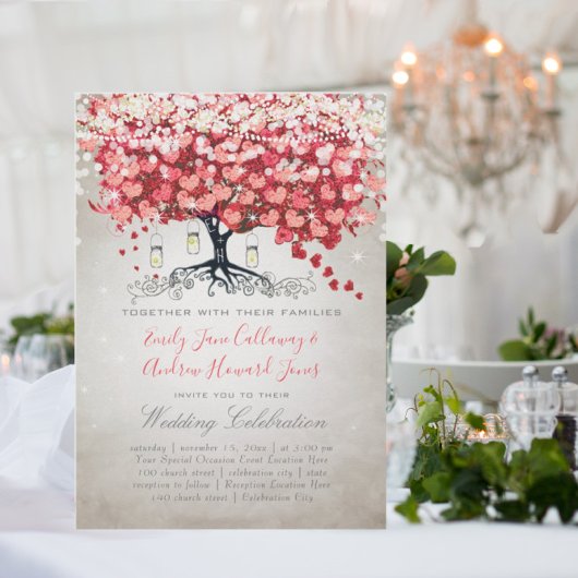 Red Pink Silver Woodsy Heart Leaf Wedding Einladung