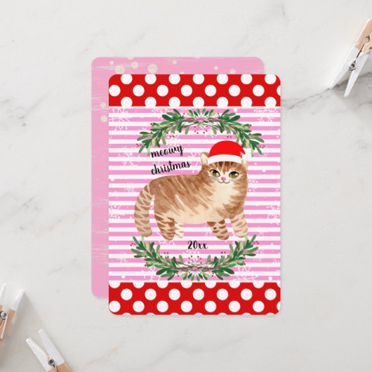 Red Pink Snowflakes Katze Frohe Weihnachten Karte (Vorderseite/Rückseite Beispiel)