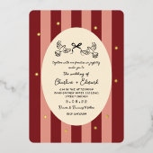 Red Pink Striped Gold Star Hochzeit Folieneinladung (Vorderseite)