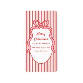 Red Pink Stripes & Bow Frame Christmas  Adressaufkleber