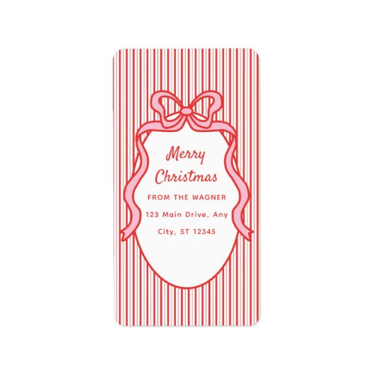 Red Pink Stripes & Bow Frame Christmas  Adressaufkleber (Vorne)