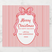 Red Pink Stripes & Bow Frame Christmas  Bierflaschenetikett (Einzelnes Label)
