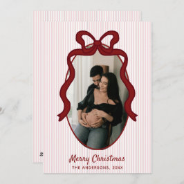 Red Pink Stripes & Bow Frame Christmas Photo Feiertagskarte