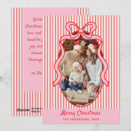 Red Pink Stripes & Bow Frame Christmas Photo Feiertagskarte