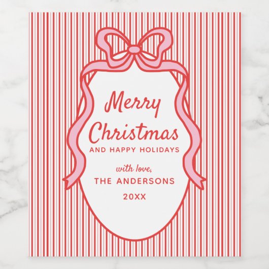 Red Pink Stripes & Bow Frame Christmas Weinetikett (Einzelnes Label)