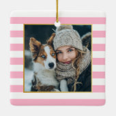Red Pink Stripes Christmas Photo Keramikornament (Rückseite)