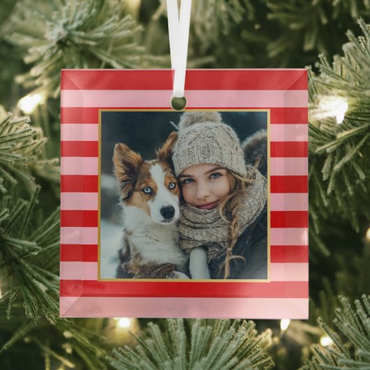 Red Pink Stripes Christmas Photo Ornament Aus Glas (Insitu)