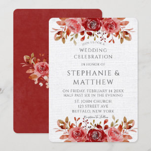 Red Pink Watercolor Peonies White Linen Hochzeit Einladung