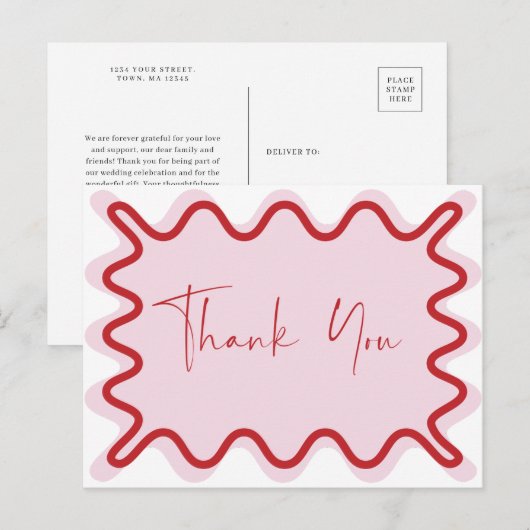 Red Pink Wavy Border Danke Postcard Einladungspostkarte (Vorne/Hinten)