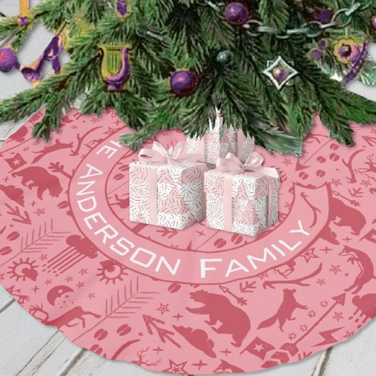 Red & Pink Weihnachtsfamilie Name Fox Bear Rentier Polyester Weihnachtsbaumdecke
