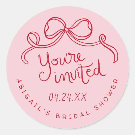 Red Pink Whimsical Bow Brautparty Umschlag Aufkleb Runder Aufkleber (Vorderseite)