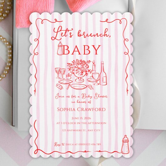 Red Pink Whimsical Doodle Let's Brunch Baby Shower Einladung