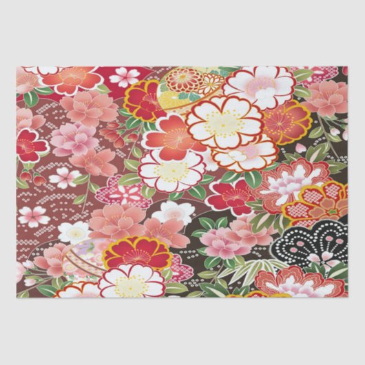 Red Pink White Japanisch Kimono Floral Decoupage Seidenpapier (Vorderseite)