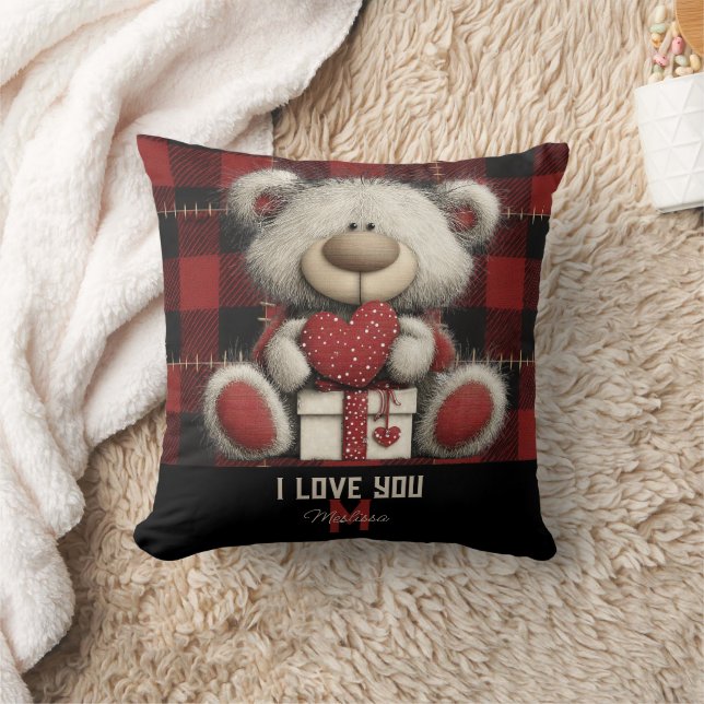Red Plaid Bear I Love You Custom Name Monogram Kissen (Decke)