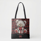 Red Plaid Bear I Love You Custom Name Monogram Tasche (Vorderseite)