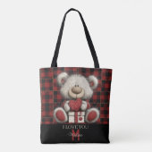 Red Plaid Bear I Love You Custom Name Monogram Tasche (Rückseite)