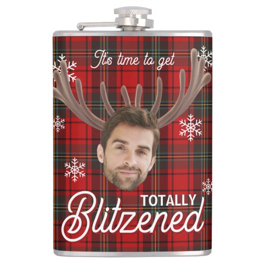 Red Plaid Blitzened Holiday Humor Drinking Flask Flachmann (Vorderseite)