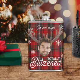 Red Plaid Blitzened Holiday Humor Drinking Flask Flachmann