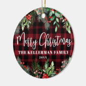 Red Plaid Christmas Photo Keramik Ornament (Links)