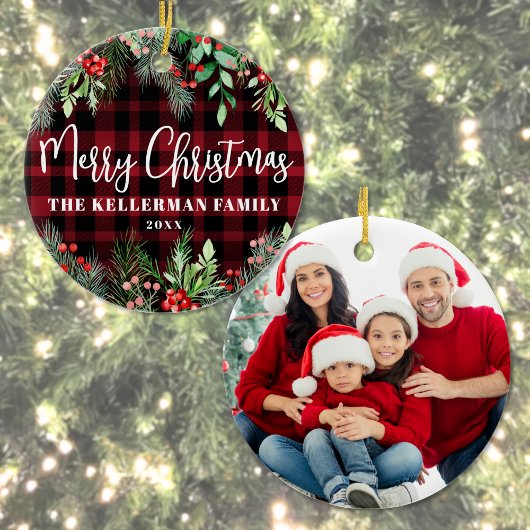 Red Plaid Christmas Photo Keramik Ornament