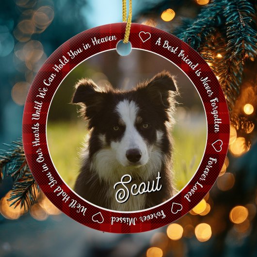 Red Plaid Dog Memorial Photo Forever Loved Keramik Ornament