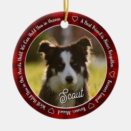 Red Plaid Dog Memorial Photo Forever Loved Keramik Ornament (Vorne)