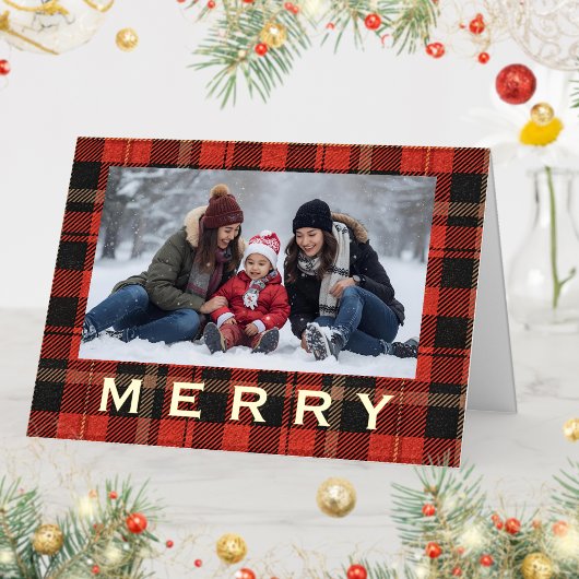 Red Plaid Family and Friends Cozy Merry Gold Text