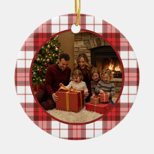 Red Plaid Family Christmas Keramik Ornament (Vorne)