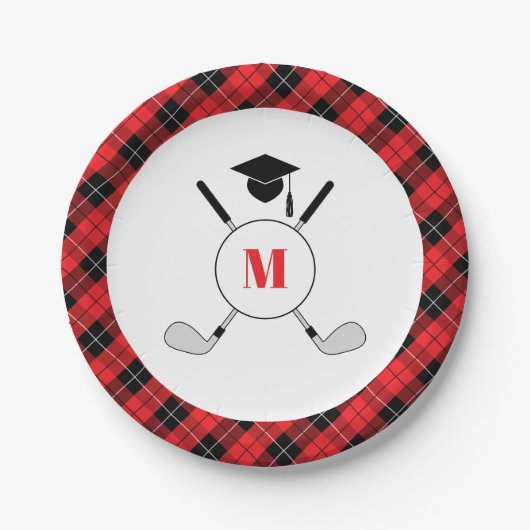 Red Plaid Golf Themed Graduation Party Pappteller (Vorderseite)