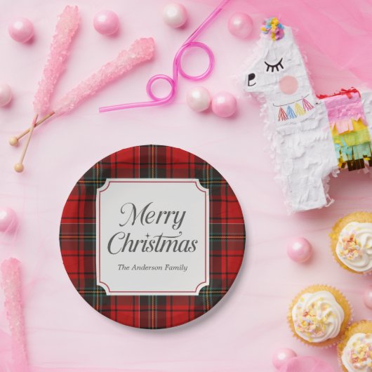 Red Plaid Merry Christmas Round Pappteller (Party)
