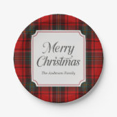 Red Plaid Merry Christmas Round Pappteller (Vorderseite)