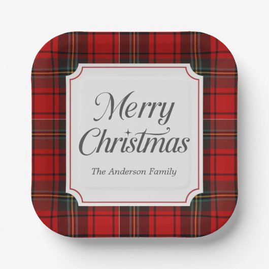 Red Plaid Merry Christmas Square Pappteller (Vorderseite)