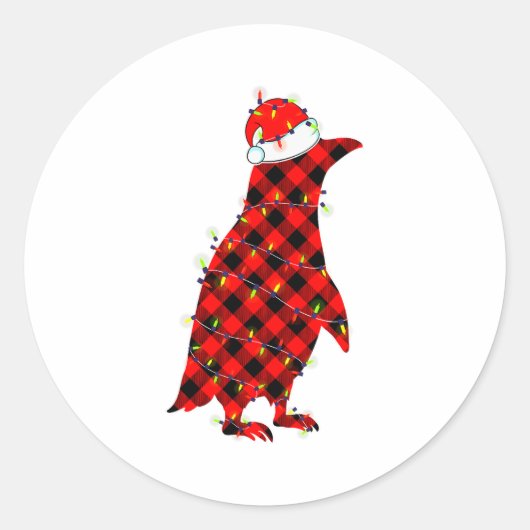 Red Plaid Penguin Christmas Lights Pajamas Adult K Runder Aufkleber (Vorderseite)