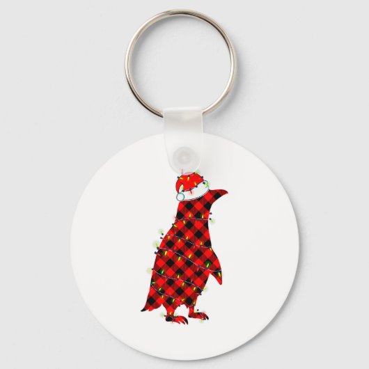 Red Plaid Penguin Christmas Lights Pajamas Adult K Schlüsselanhänger (Vorderseite)