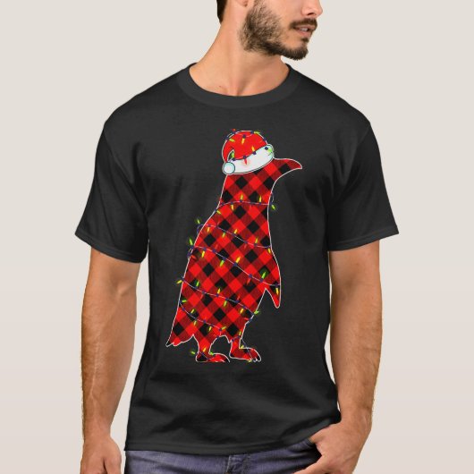 Red Plaid Penguin Christmas Lights Pajamas Adult K T-Shirt (Vorderseite)