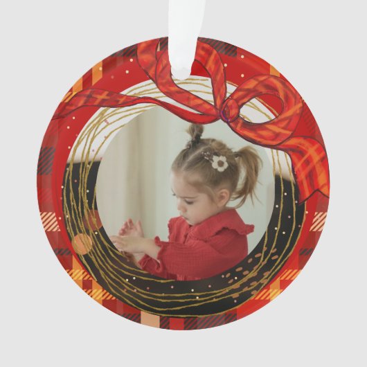 Red Plaid Photo Ornament with Hand-Drawn Ribbon (Vorderseite)
