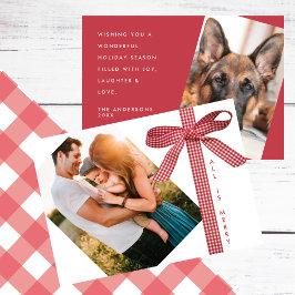 Red Plaid Ribbon Simple 2 Photo Christmas Feiertagskarte