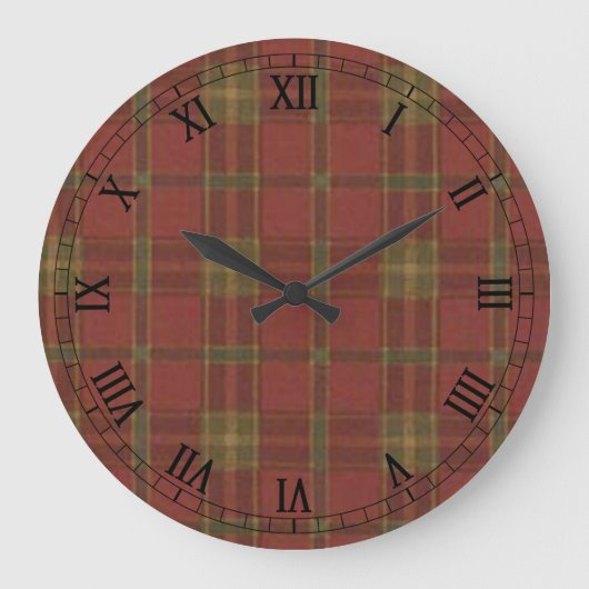 Red Plaid Round Roman Numerals Clock Große Wanduhr (Vorderseite)