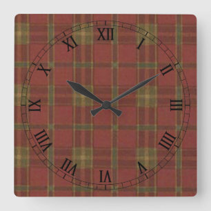 Red Plaid Square Roman Numerals Clock Quadratische Wanduhr