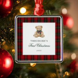 Red Plaid Teddy Bear Baby First Christmas Ornament Aus Metall