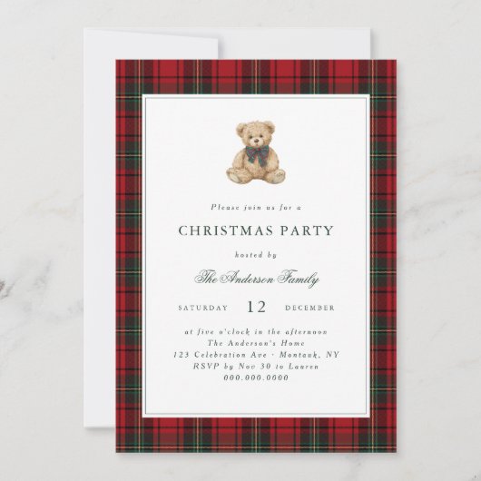 Red Plaid Teddy Bear Christmas Party Einladung (Vorderseite)