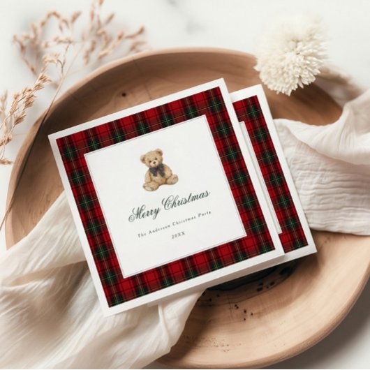 Red Plaid Teddy Bear Christmas Party Serviette
