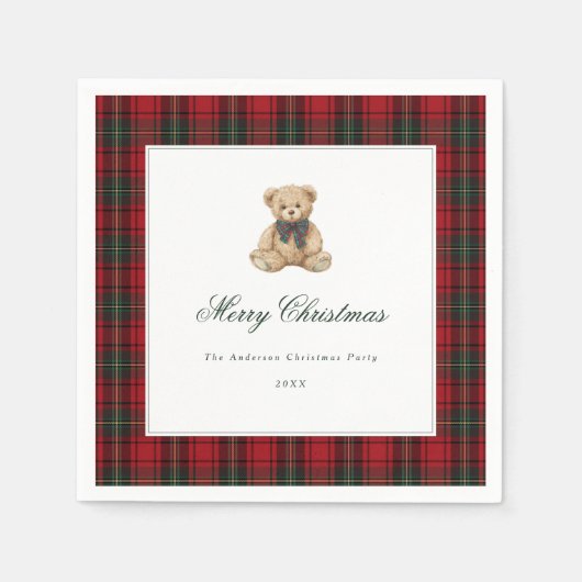 Red Plaid Teddy Bear Christmas Party Serviette (Vorderseite)