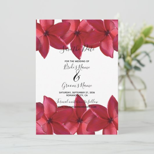 Red Plumeria Frangipani Wedding Save the Date (Stehend Vorderseite)