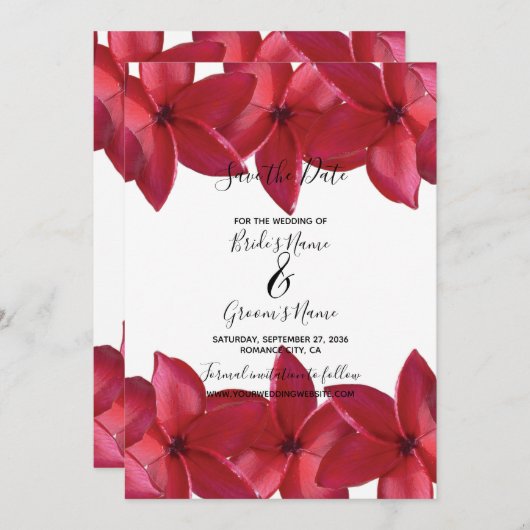 Red Plumeria Frangipani Wedding Save the Date (Vorne/Hinten)