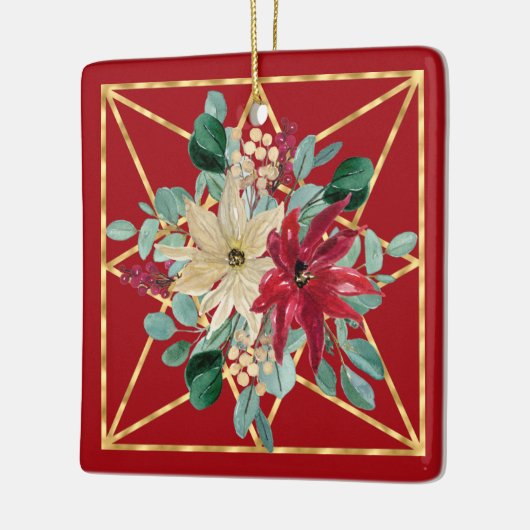 Red Poinsettia Aquarellen und Gold-Geo-Rahmen Keramikornament (Links)