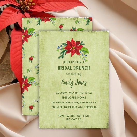 Red Poinsettia auf Vintag Green, Bridal Brunch Einladung