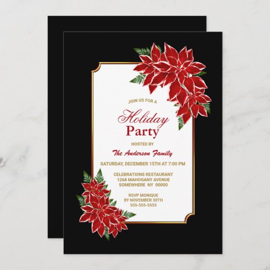 Red Poinsettia Black Border Holiday Party Einladung (Vorne/Hinten)